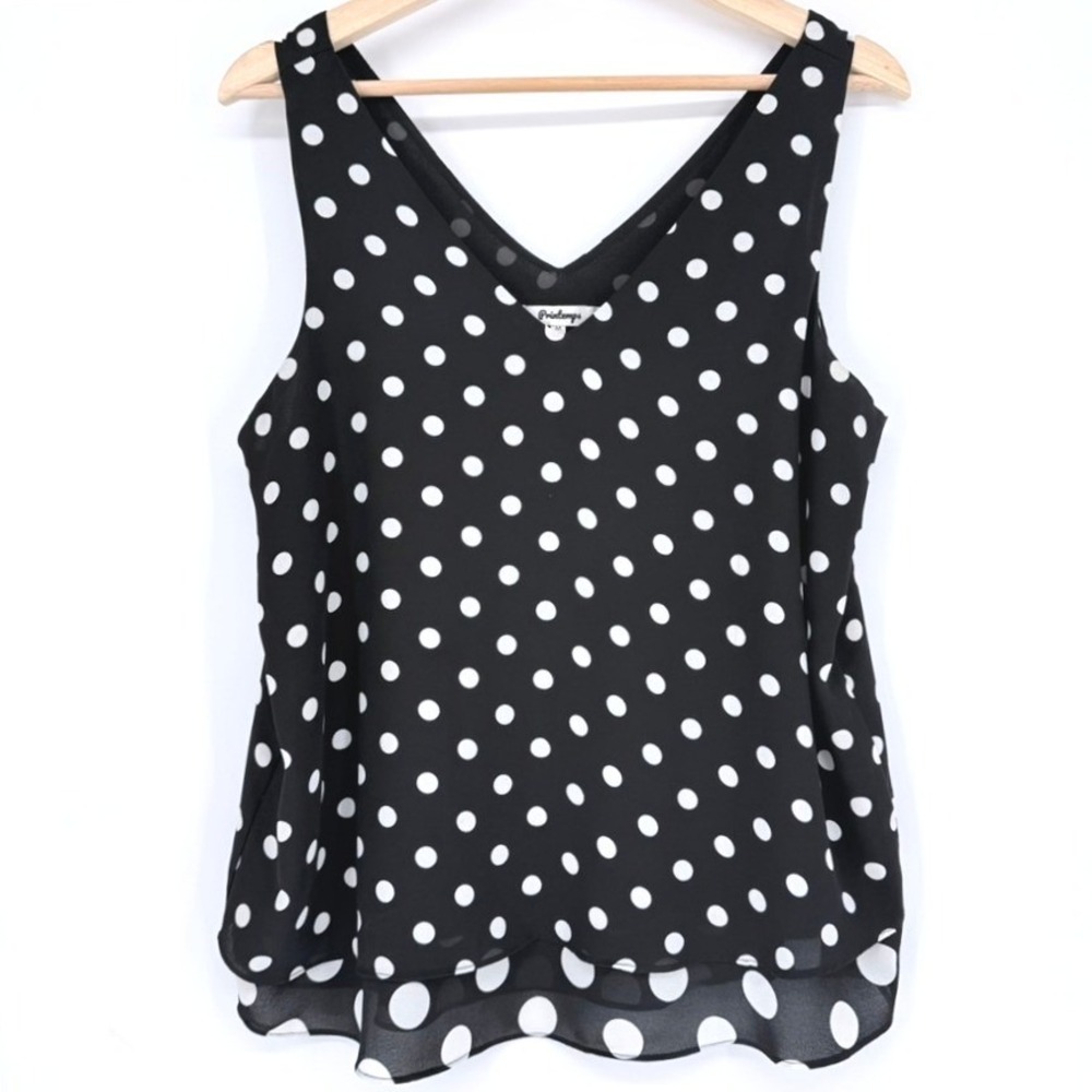 Womens Black White Polka Dot Layered V-Neck Chiffon Tank Top Size M Office Siren